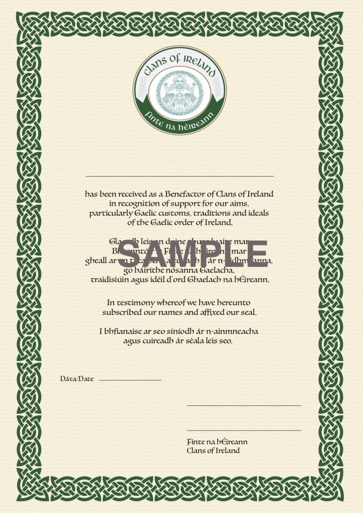 Benefactor Sample Cert Friends of Clans of Ireland