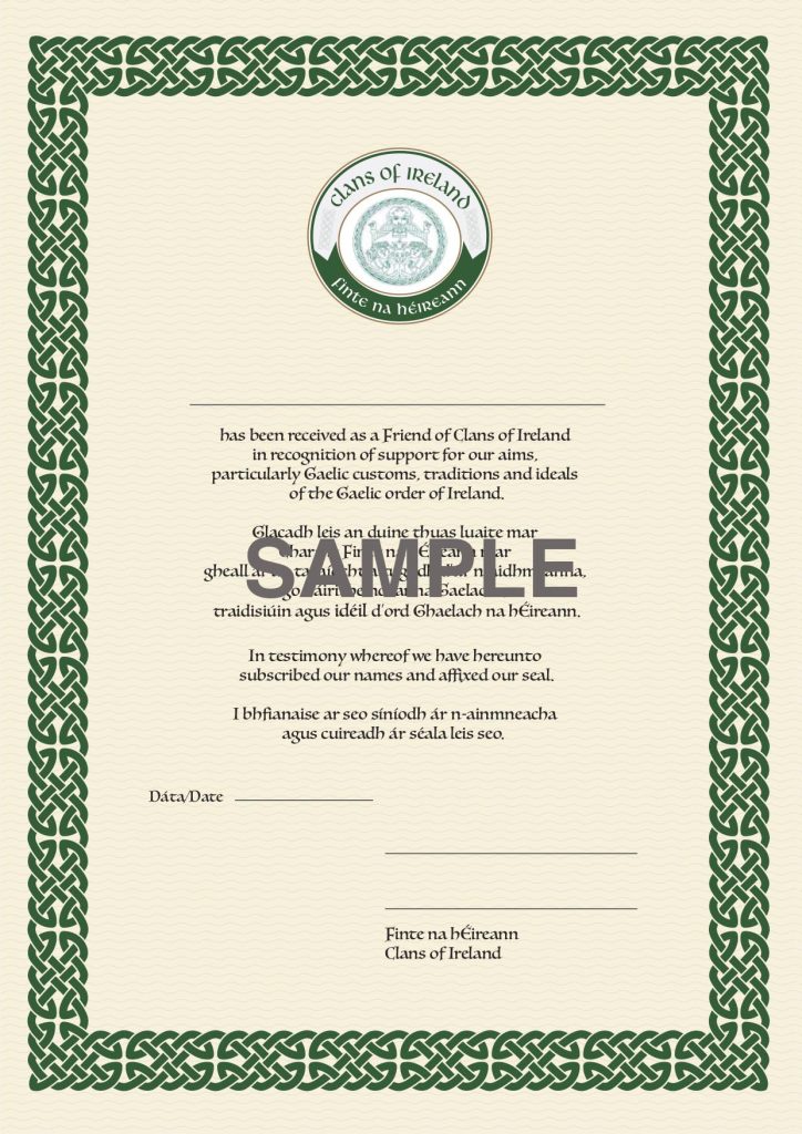 Benefactor Sample Cert Friends of Clans of Ireland